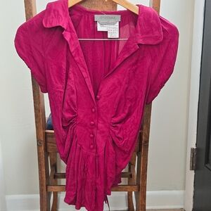 SportMax silk v-neck burgundy silk short sleeve buttoned hip cut out blouse